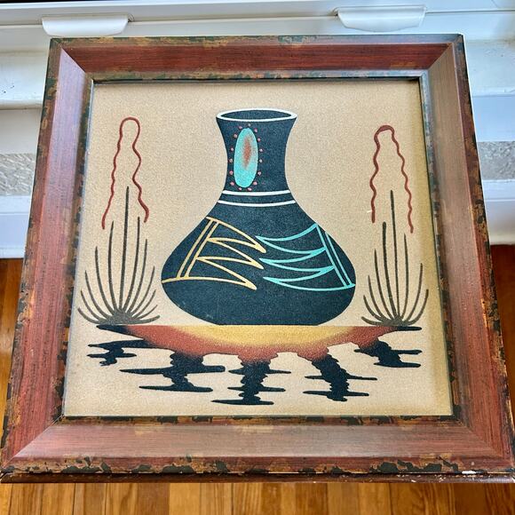 Vintage Navajo Framed Sand Art Painting of Beautiful Pottery - Picture 1 of 16